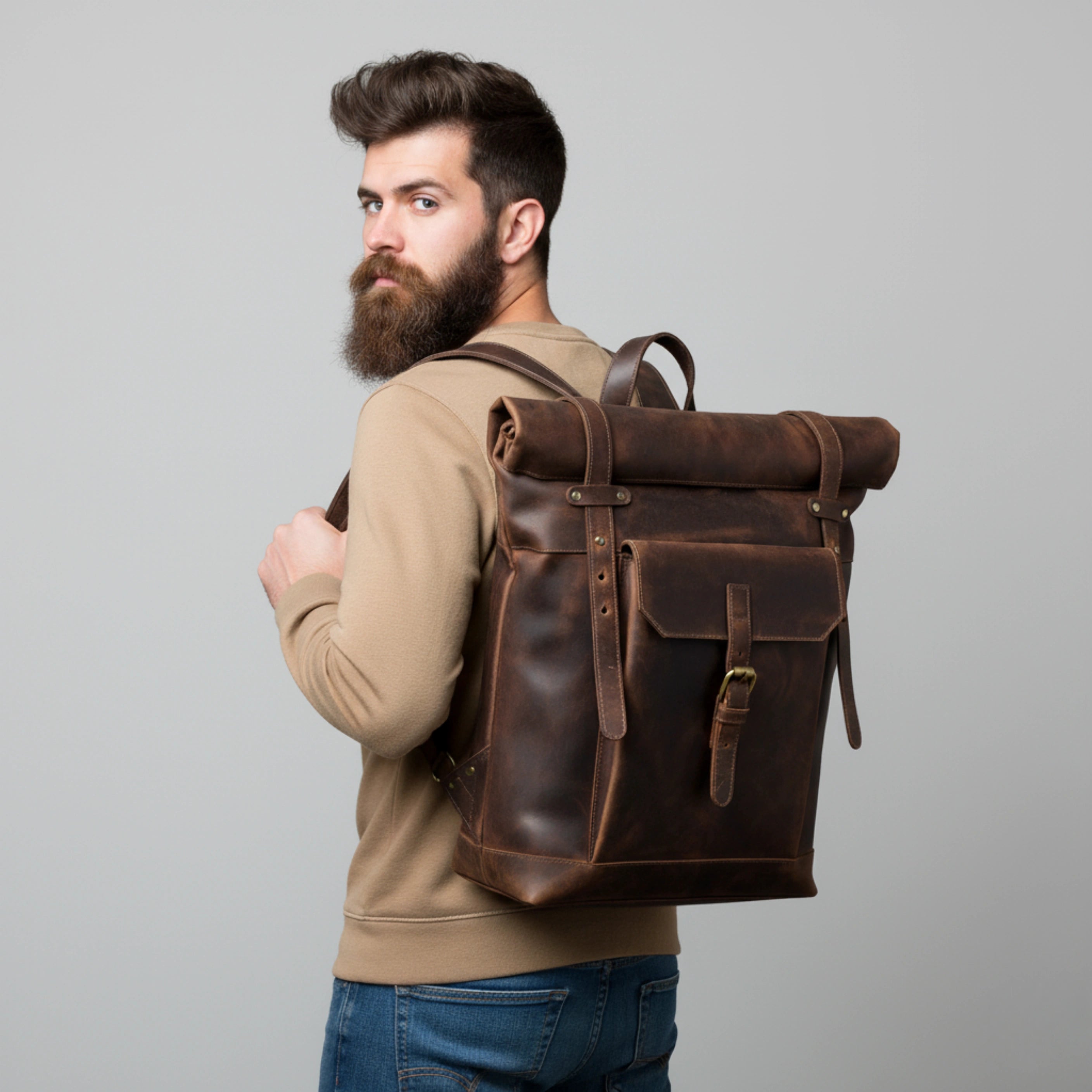 IND Leather Heritage Roll-Top Backpack - Thumbnail 3