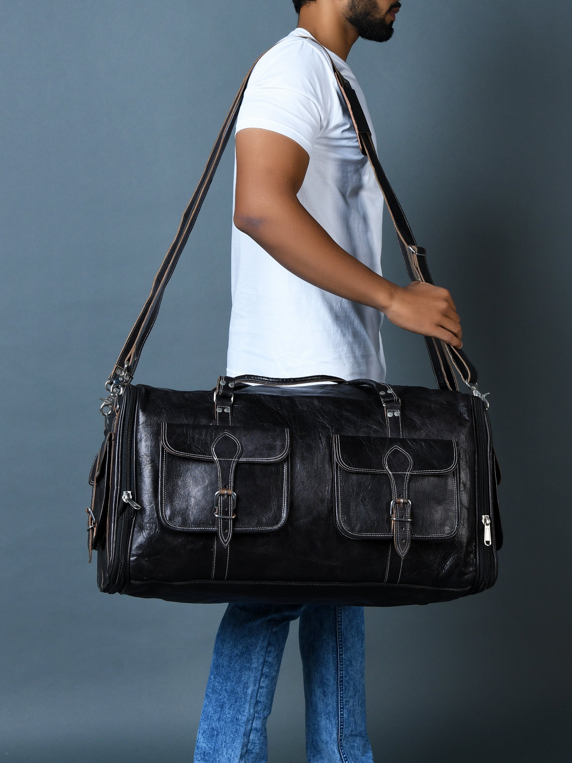 006 Leather Duffel Bag Black Expandable