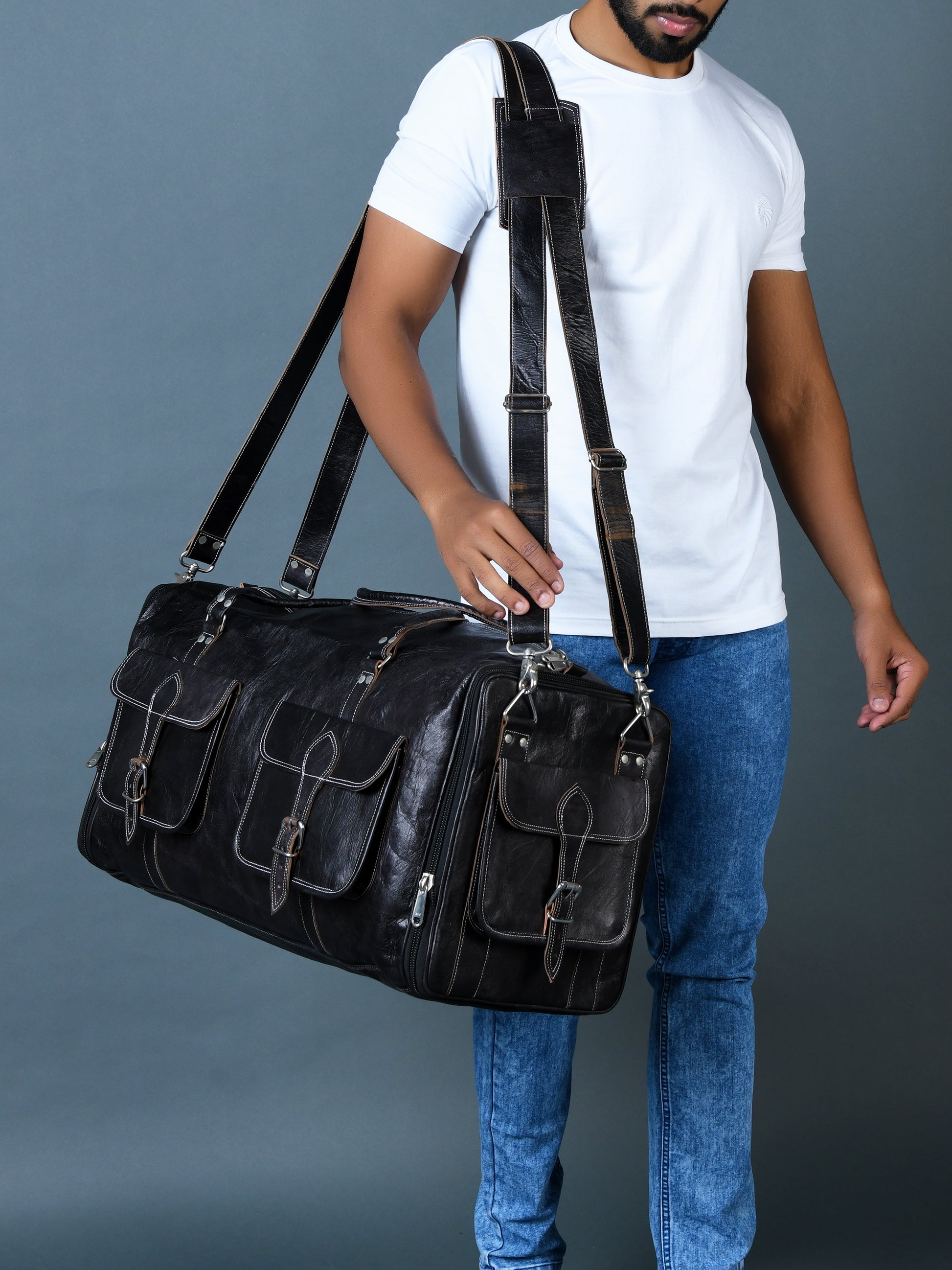 006 Leather Duffel Bag Black Expandable