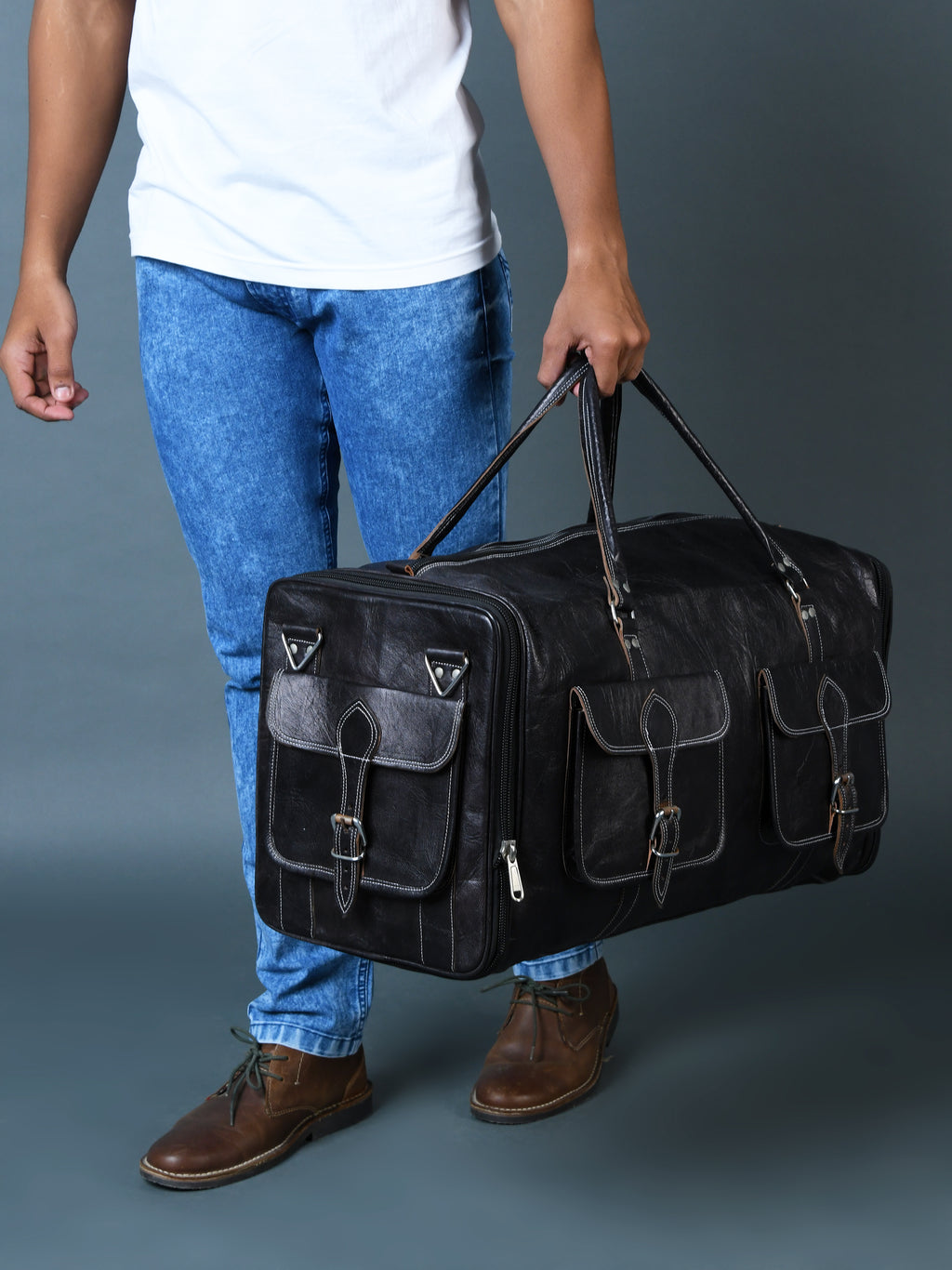 006 Leather Duffel Bag Black Expandable