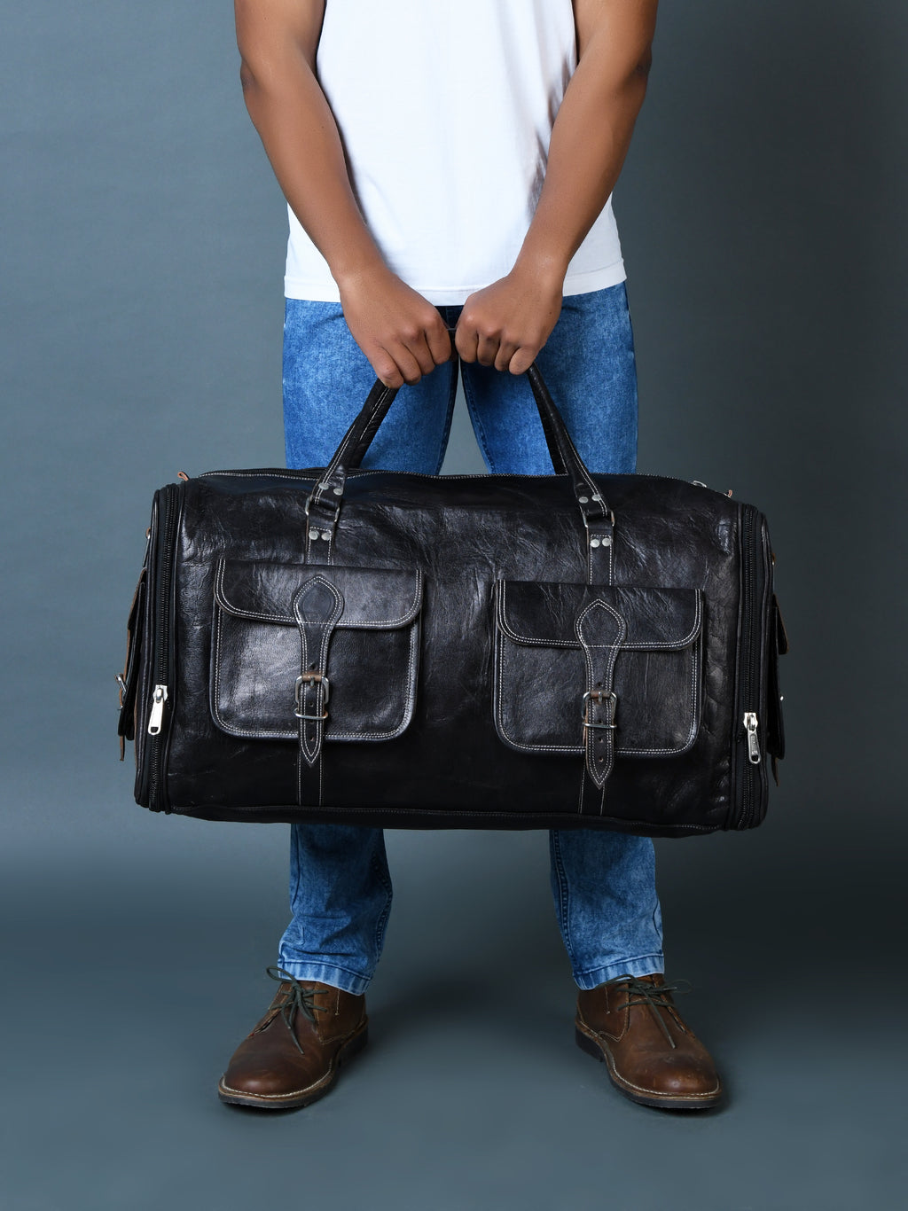 006 Leather Duffel Bag Black Expandable