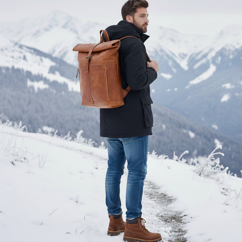Man with a brown leather backpack standing on a snowy mountain path
