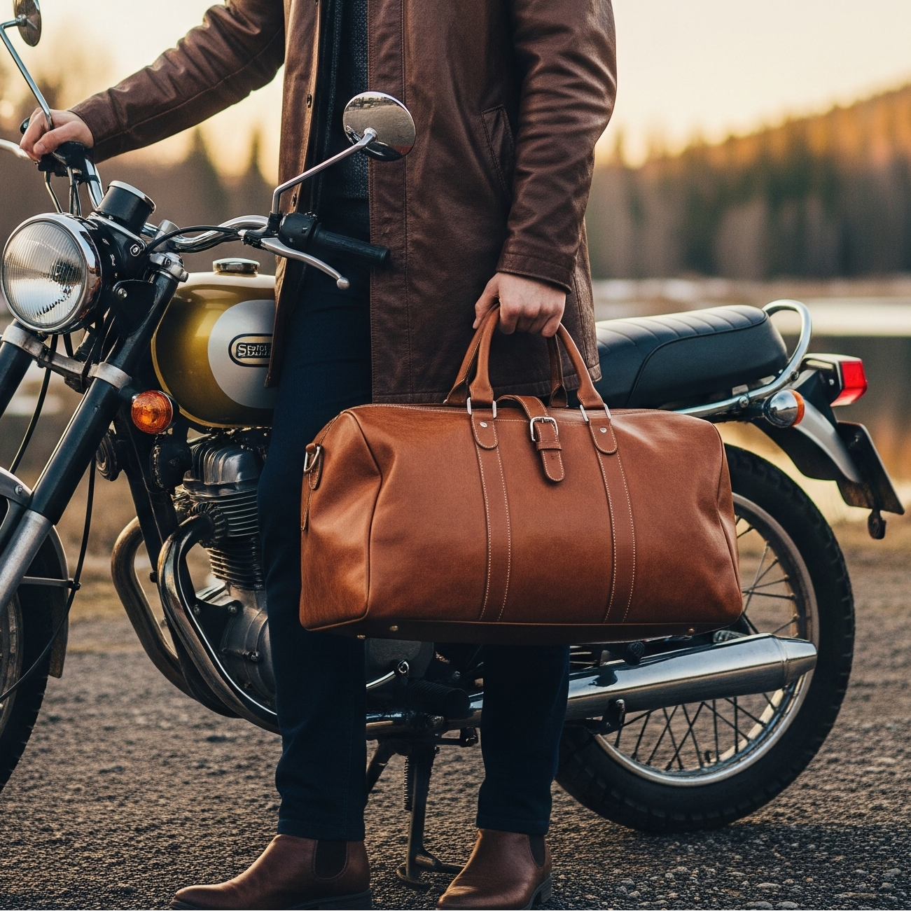 Man standing next to a motorcycle holding a brown leather bag, with a scenic background of trees and water.